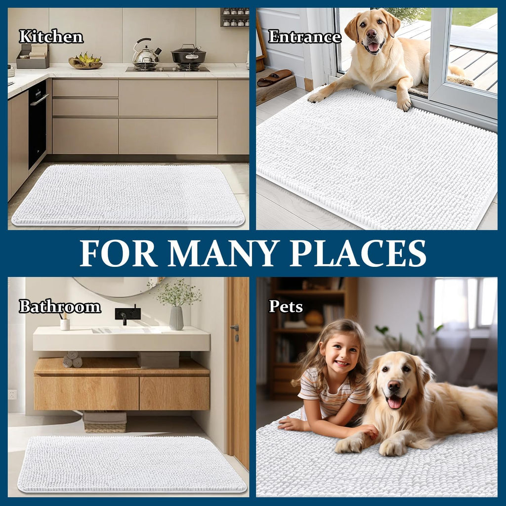 OLANLY Dog Door Mat - Absorbent Non-Slip Washable Chenille Mat for Muddy Paws | 47x32 Inches, White