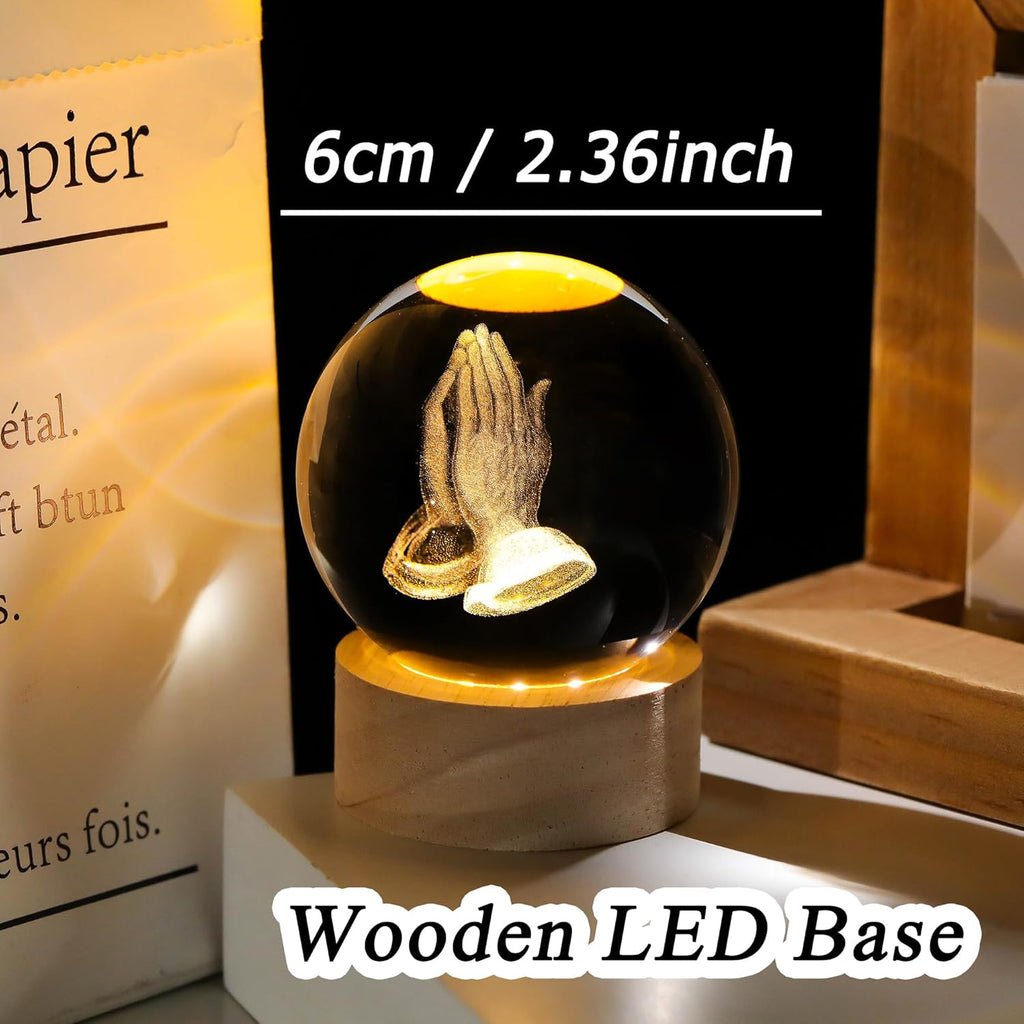 3D Hands Prayer Crystal Ball - Religious Glass Figurine with Wooden Base | 2.36-Inch Night Light Decor