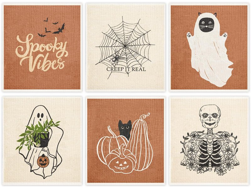 AnyDesign 6Pcs Halloween Swedish Dishcloths Ghost Pumpkin Skeleton Kitchen Dish Towels Reusable Washable Scary Cotton Kitchen Towels for Baking Cooking Home Kitchen Decor, 6.7 x 7.7 Inch