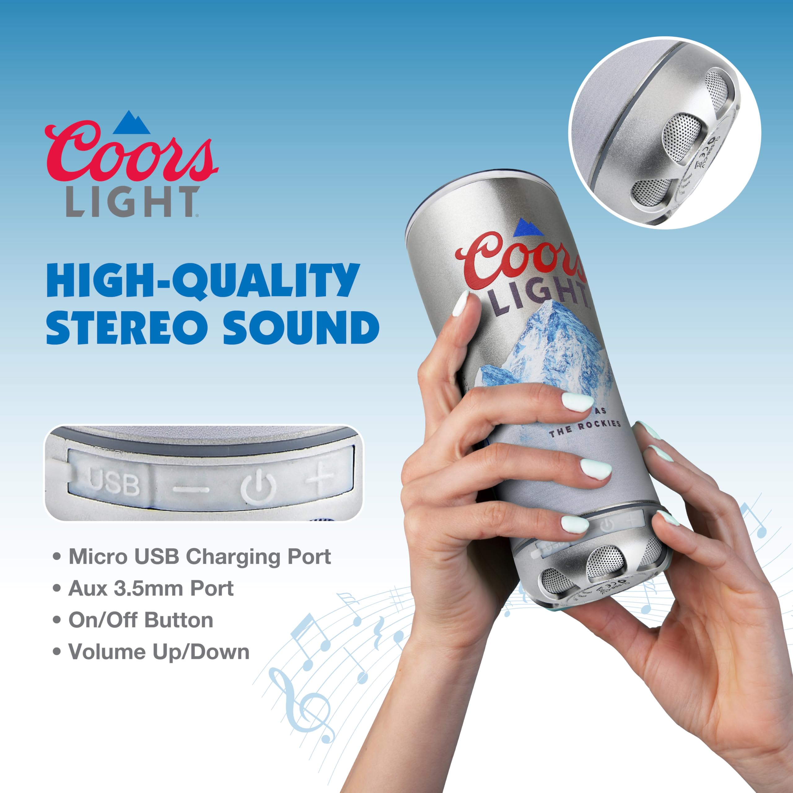 Gabba Goods Coors Light 16oz Stainless Steel Double Wall Insulated LED Bluetooth Speaker Tumbler with Lid and Removeable Speaker Bluetooth Wireless