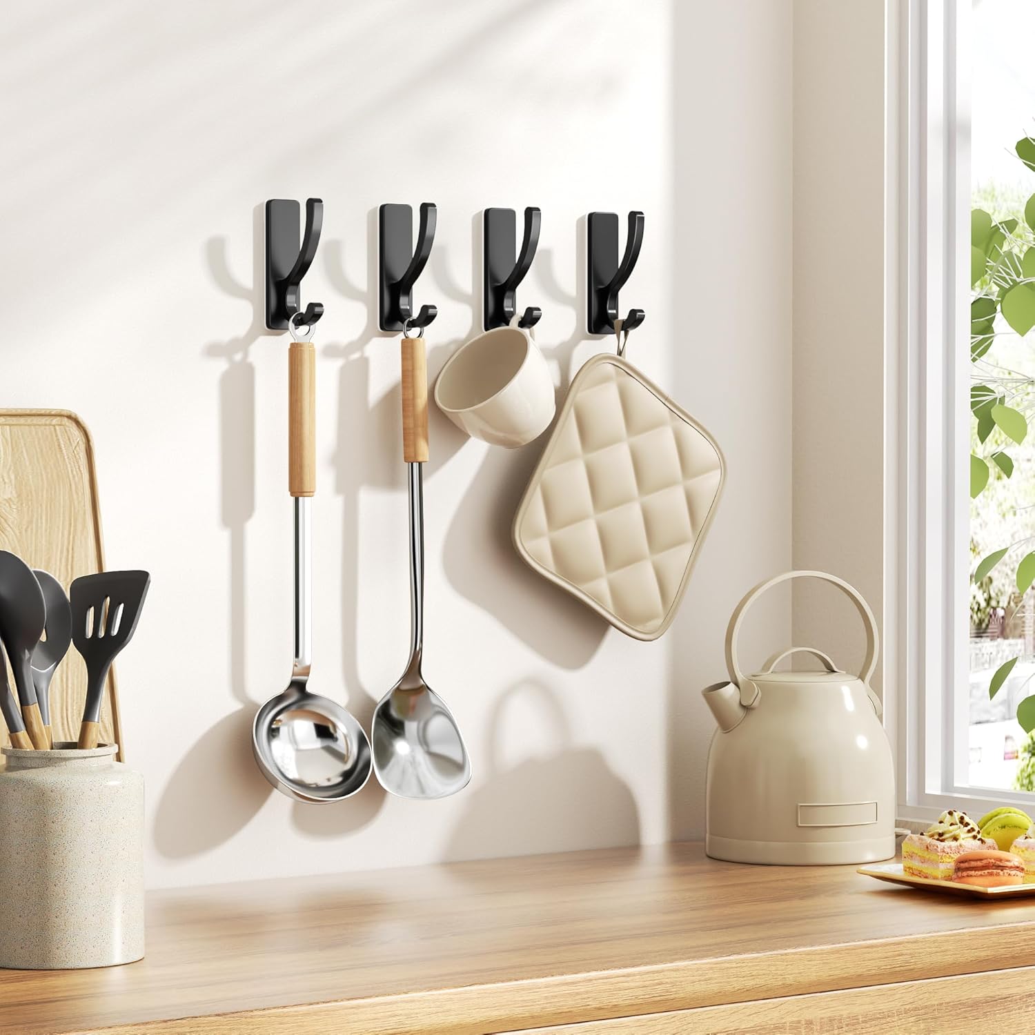 Pickpiff Adhesive Wall Hooks - Heavy Duty Sticky Hooks for Towels, Coats & Bags | No Damage, Black 4 Pack