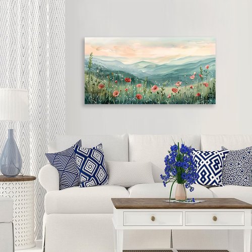 Tucai Decor Floral Landscape Canvas Wall Art 20 x 40 inches Poppies in Mountain Valley Home Decor Art Prints for Living Room Bedroom Office Ready to Hang