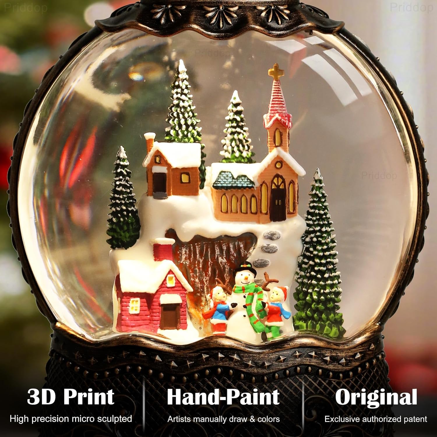 Priddop Village Snow Globe - Musical Christmas Decoration with Snowman Scene | 10.6 Inch USB/Battery Timer