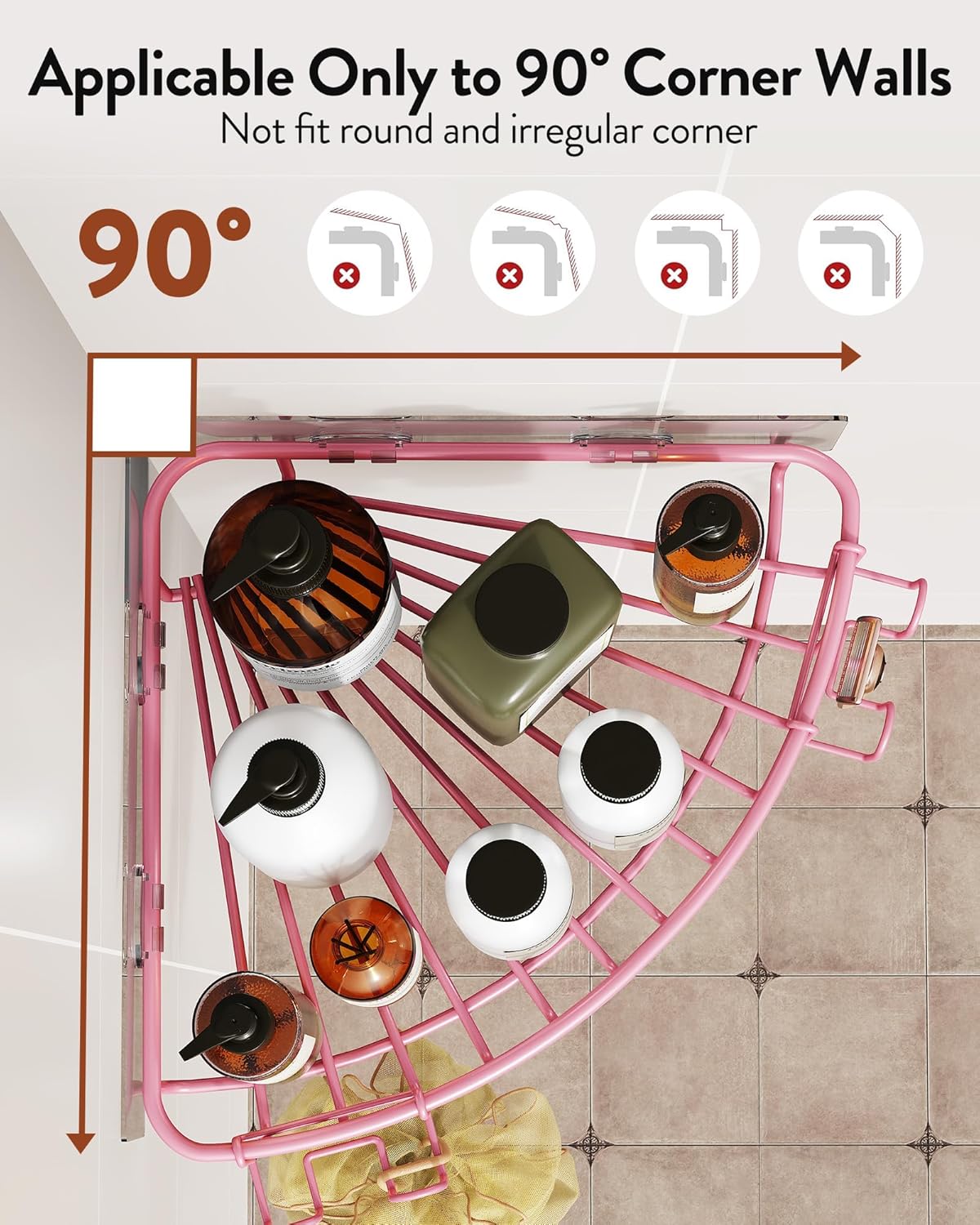 Orimade Corner Shower Caddy - Wall-Mounted Metal Bathroom Organizer with 2 Hooks | Pink, No Drilling, 2-Pack