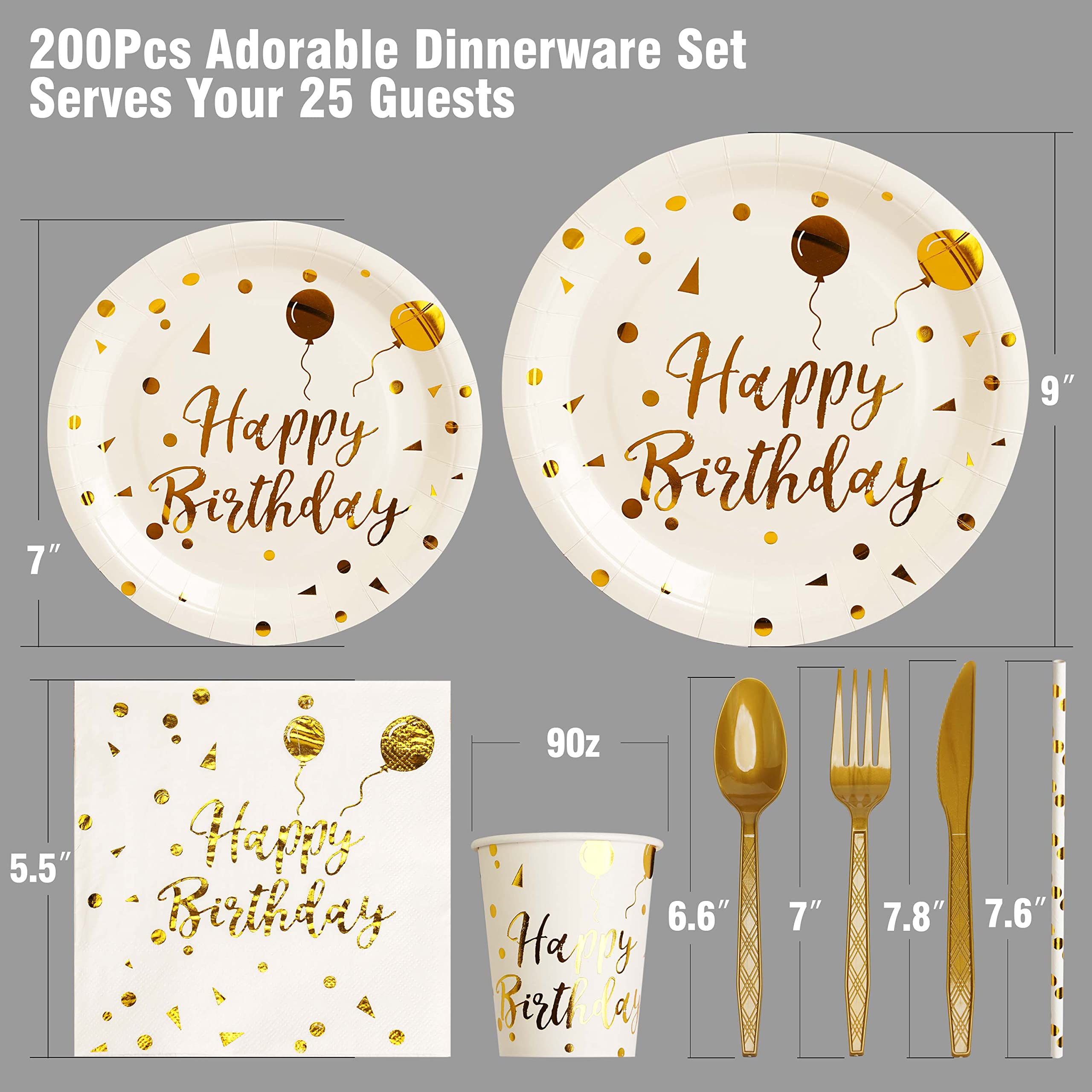 200 pieces of white and gold birthday party supplies, disposable happy birthday tableware set, gold plastic knives, forks, spoons, straws. Birthday themed tray, cup,25Guests（white）
