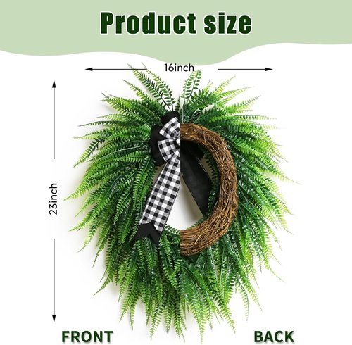 Boston Fern Leaf Wreath by [Brand Name] - 22" Spring/Summer Greenery for Front Door & Home Decor