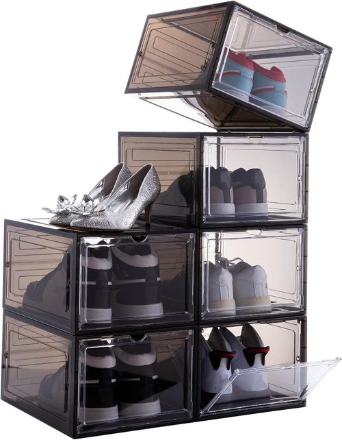 Attelite Shoe Box | Set of 6 Stackable Clear Organizers with Magnetic Door - Fits Up to US Size 12, Black