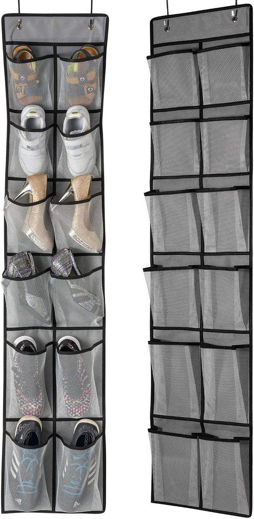 KEEPJOY Over The Door Shoe Organizer - 2 Pack Mesh Pockets with 4 Hooks | Large 57.5"x12.6" Grey Storage Solution