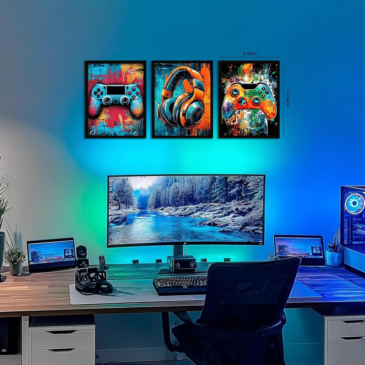 Skiennix Framed Gaming Wall Art - Neon Watercolor Graffiti Gamepad Decor | 8x10in, Set of 3