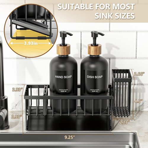Cisily Dish Soap Dispenser Set - Vintage Black Glass Bottles with Adjustable Sponge Holder | 2 Pack, 16.9oz