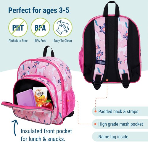Wildkin 12-Inch Kids Backpack & Insulated Lunch Box Bag Bundle – Durable, Lightweight School & Travel Set for Kids - Magical Unicorns
