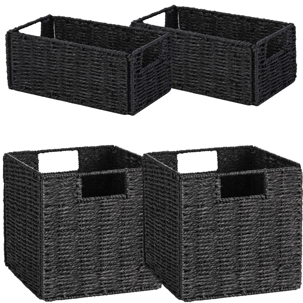 Vagusicc Wicker Storage Baskets, Set of 2 Hand-Woven Foldable Cube Storage Baskets for Shelves with Handles 13 inches + Set of 2 Small Wicker Storage Baskets for Organizing Toilet Shelves,Black