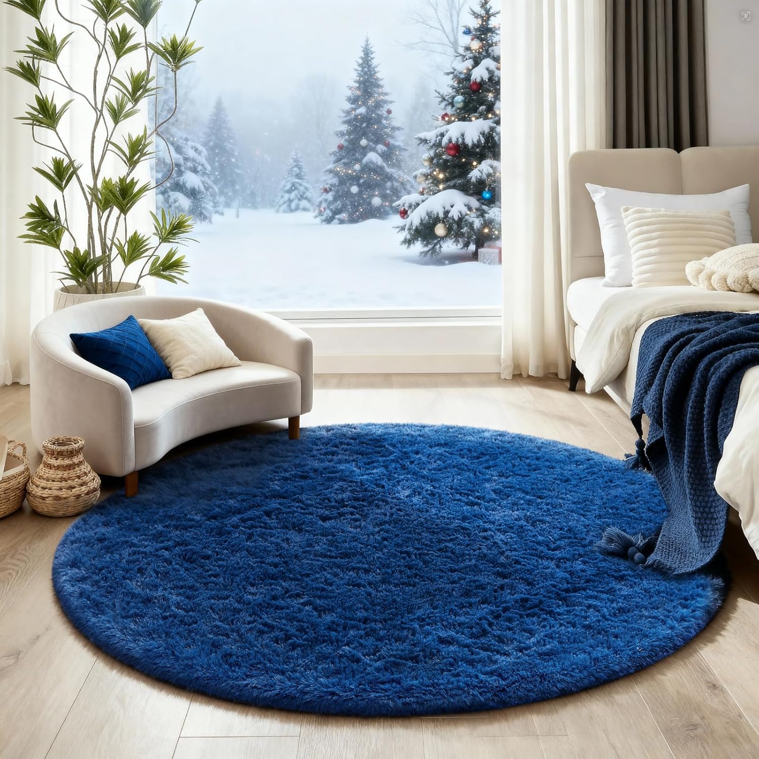 Ophanie Blue Round Rug - 4Ft Circle Area Rug for Boys Room | Fluffy Plush Soft Carpet for Kids' Decor