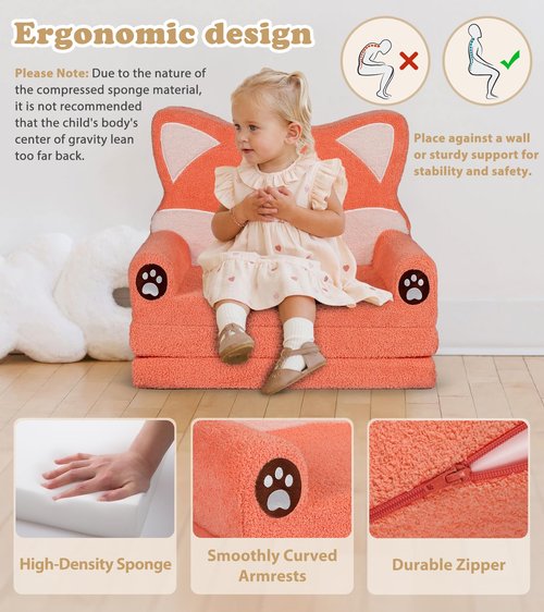 Foryoomi Kids Couch, 2-in-1 Soft Toddler Couch Fold Out with Blanket, Chair Comfy, Foldable Convertible Plush Sofa, Gifts for Kids Girl Boys, Fox