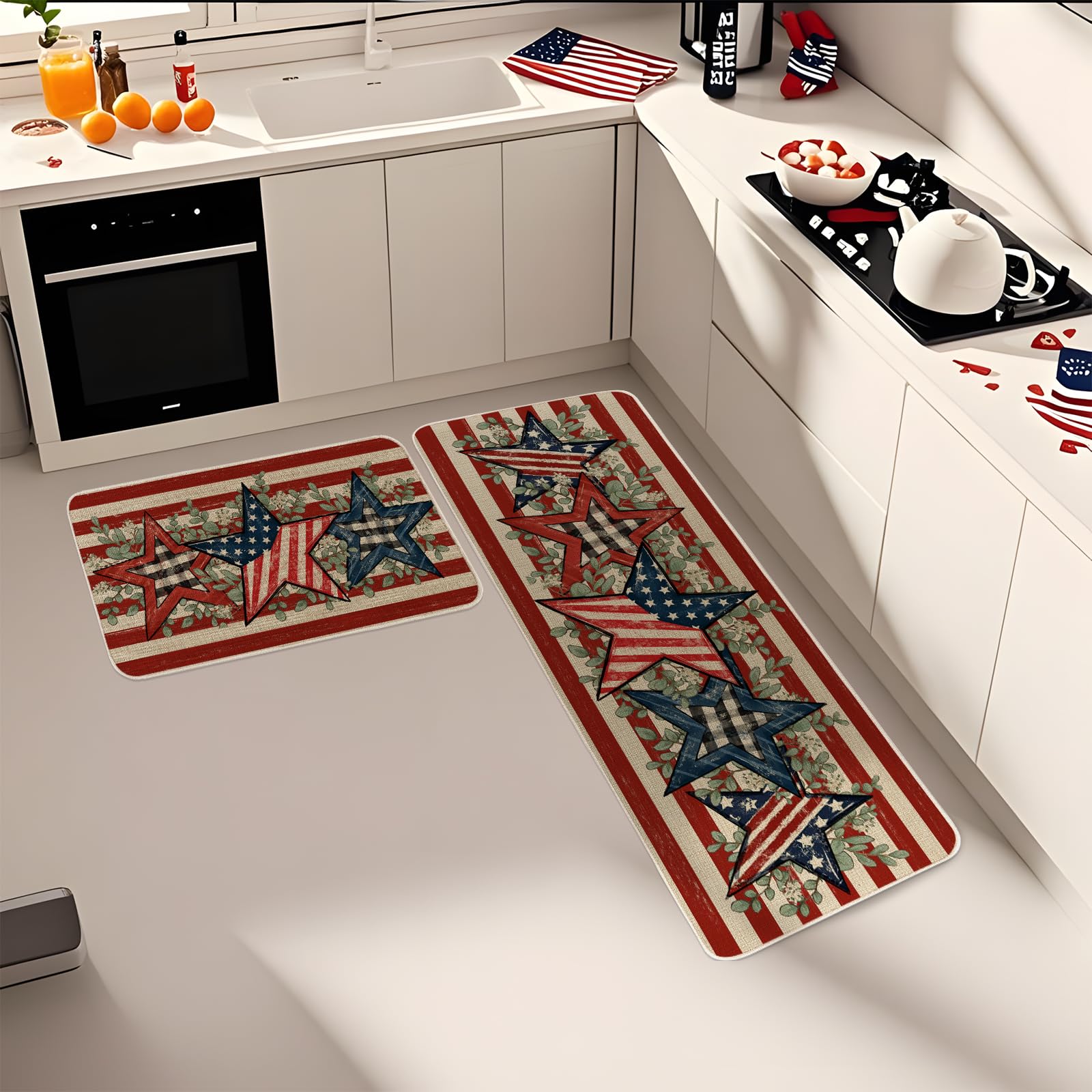 Moutina American Flag Stars Eucalyptus 4th of July Kitchen Rugs Set of 2, Memorial Day Independence Day Patriotic Home Decor Low-Profile Kitchen Mats for Floor - 17x29 and 17x47 Inch