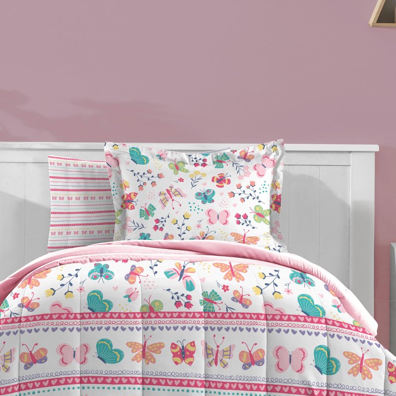 Dream Factory Kids 5-Piece Complete Bed Set Easy-Wash Super Soft Microfiber Comforter Bedding, Twin, Pink Butterfly Garden