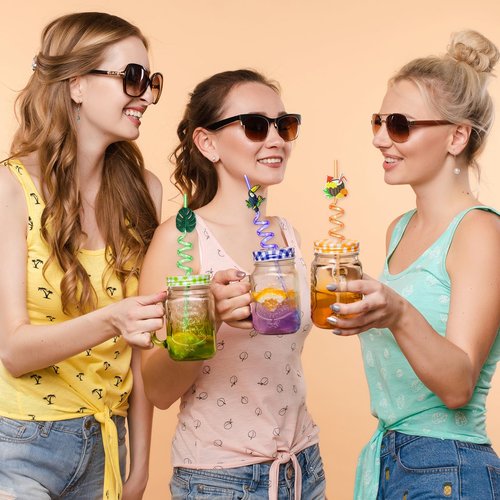 Hawaiian Luau Party Favor Drinking Straws (24 Pcs) Summer Beach Pool Birthday Party Supplies Reusable Plastic Drink Straw for Tropical Luau Party (2 Pcs Cleaning Brushes inside)