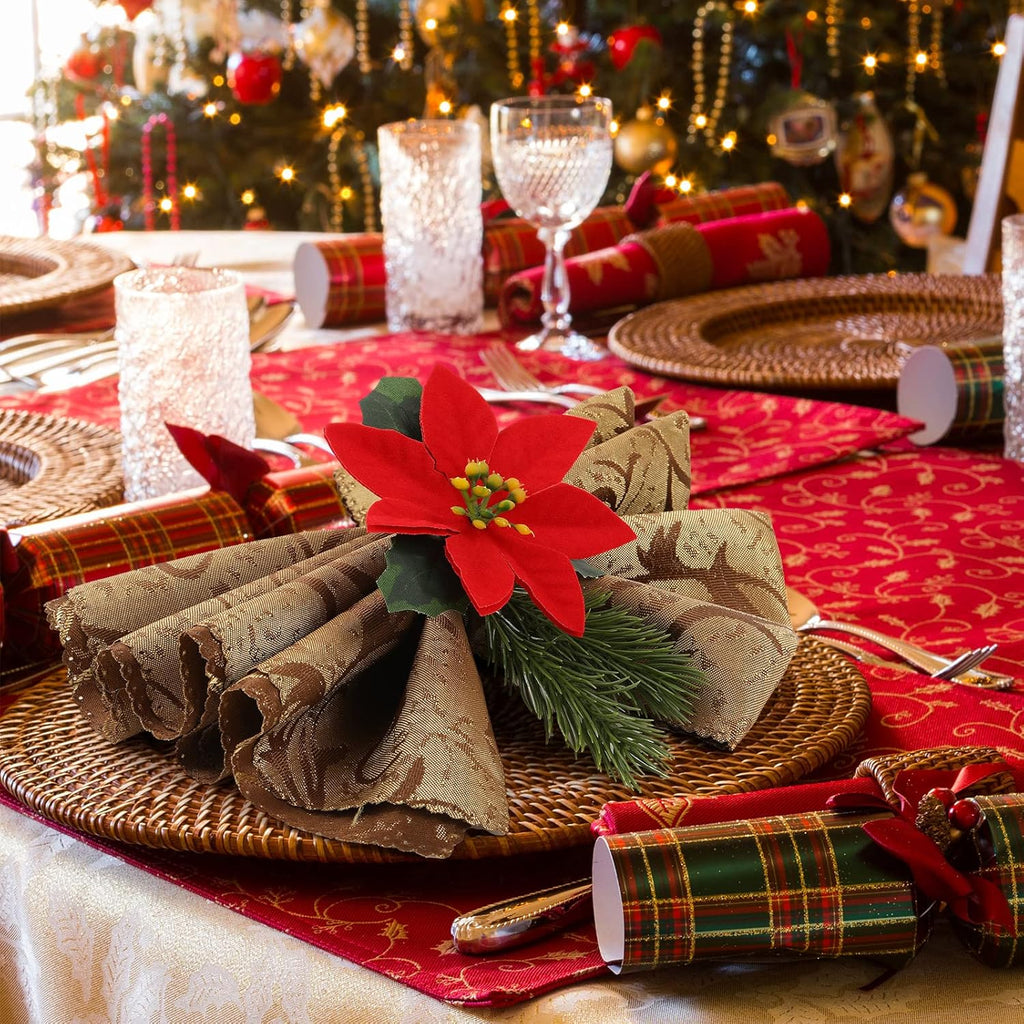 Regine Switzerland Christmas Pine Cone Napkin Rings - Rustic Poinsettia & Berry Design | Set of 6