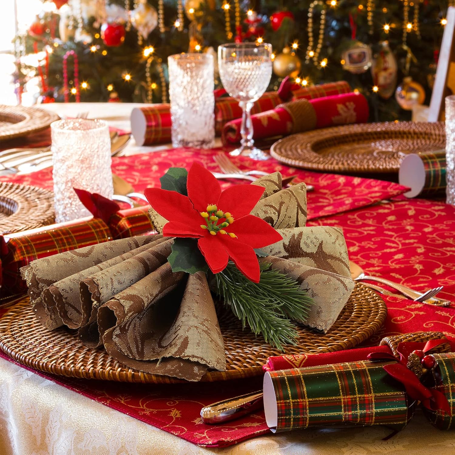Regine Switzerland Christmas Pine Cone Napkin Rings - Rustic Poinsettia & Berry Design | Set of 6