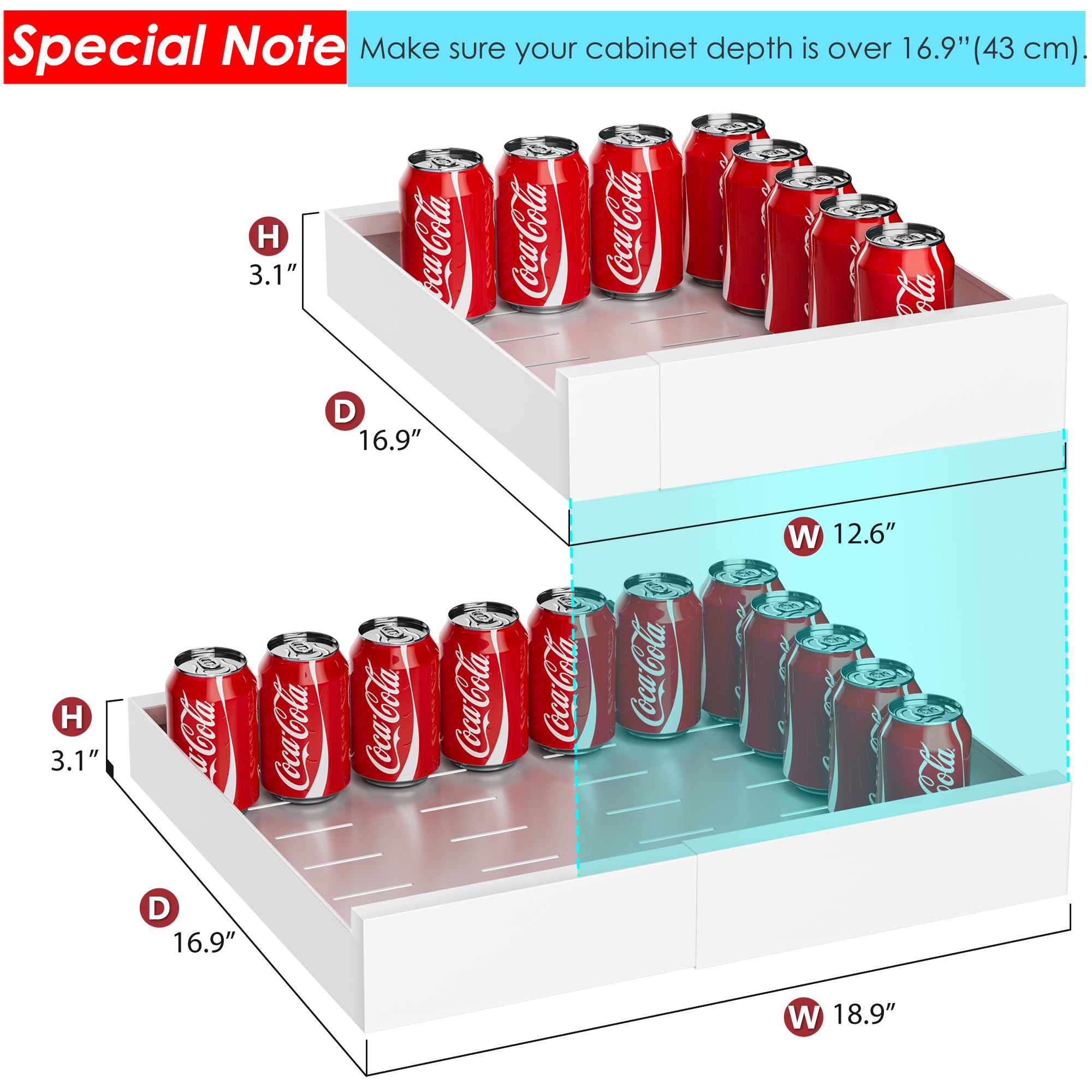 Expandable Slide Out Drawer for Cabinets (12.7"-19.7"), Adhesive Carbon Steel Pull Out Drawers for Kitchen Cabinet, Pantry Shelves and Bathroom Vanity - 16.9'' Depth x 3.1'' Height.