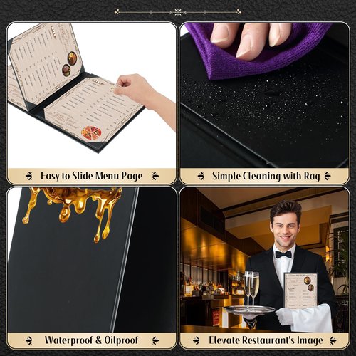 FLKQC Restaurant Menu Covers Holders 8.5" x 11" | Pack of 5 Synthetic Leather Triple Fold Panels 4 View Angled Corners Black for Wine List, Drinks (5, Triple Fold Panels 4 View (8.5 x 11 inch))