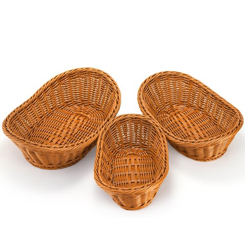 Yarlung 3 Pack Small Woven Breads Baskets, Oval Fruit Baskets Stackable Plastic Wicker Basket for Serving Vegetables, Kitchen, Restaurant, Outdoor, Imitation Rattan Brown, 3 Sizes
