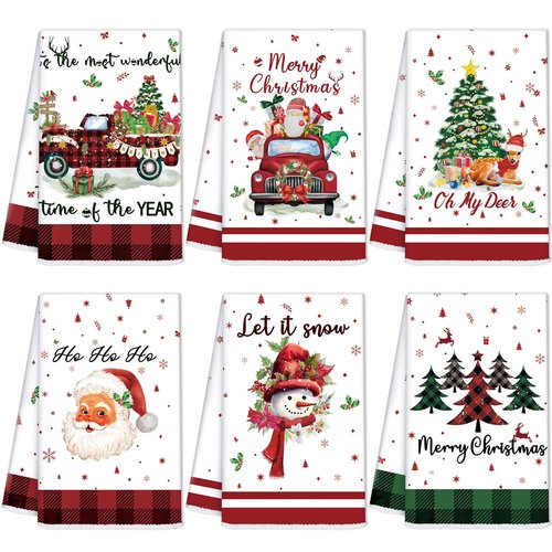 Oudain 6 Pcs Christmas Kitchen Towels Christmas Hand Towels Buffalo Plaid Xmas Tree Snowman Dish Cloths 24 x 16 Inch Santa Truck Decorative Tea Dishcloths for Home Kitchen Bathroom Winter Xmas Gifts