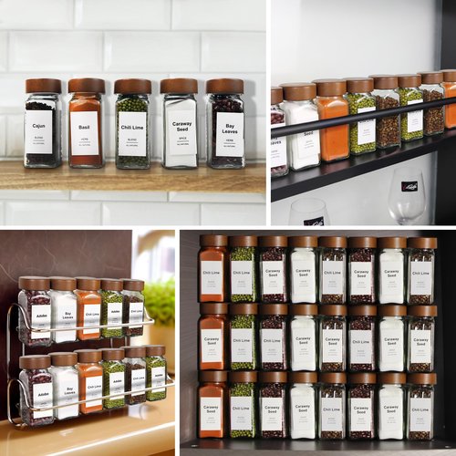 CKCY 16 Pcs Spice Jars, 4oz Seasoning Containers with Acacia Wood Shaker Lids, Glass Spice Bottles with Labels, Square Seasoning Organizer, Kitchen Spice Container