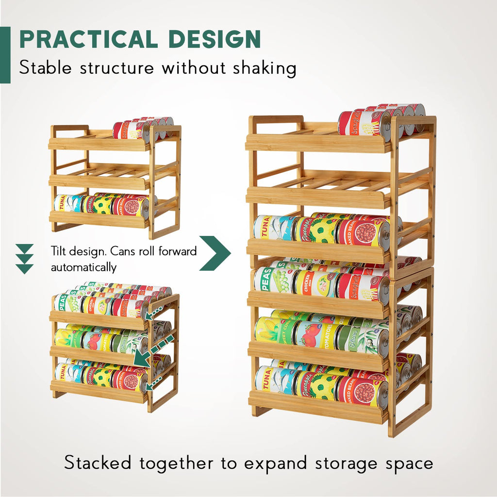 Yumkfoi Bamboo Can Organizer for Pantry, 3 Tier Stackable Can Storage Organizer Pantry with Label Sticker and Marker Pen, Can Holders for Cabinet and Can Rack Organizer (Natural Bamboo)