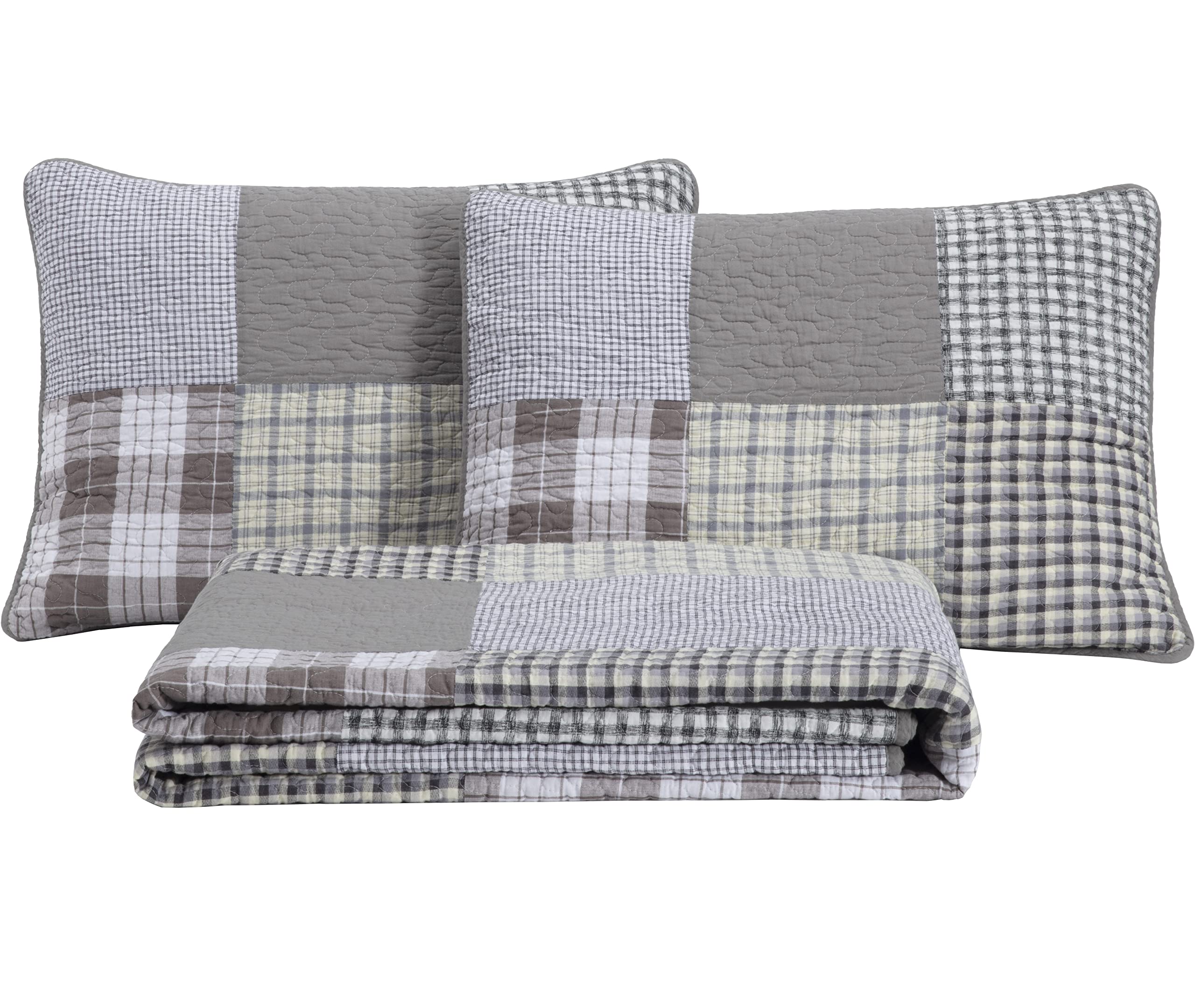 Chezmoi Collection Adrian 3-Piece Plaid Windowpane Checkered Patchwork Quilt Set - Soft Lightweight 100% Washed Cotton Bedspread for All Season, Queen Size