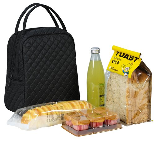 Large Quilted Fabric Cotton Reusable Inusulated Lunch Tote Bag Cooler Snack Bag Women Pretty Thermal Lunch box Storage Gift Bag for Work & Outdoor (Black)