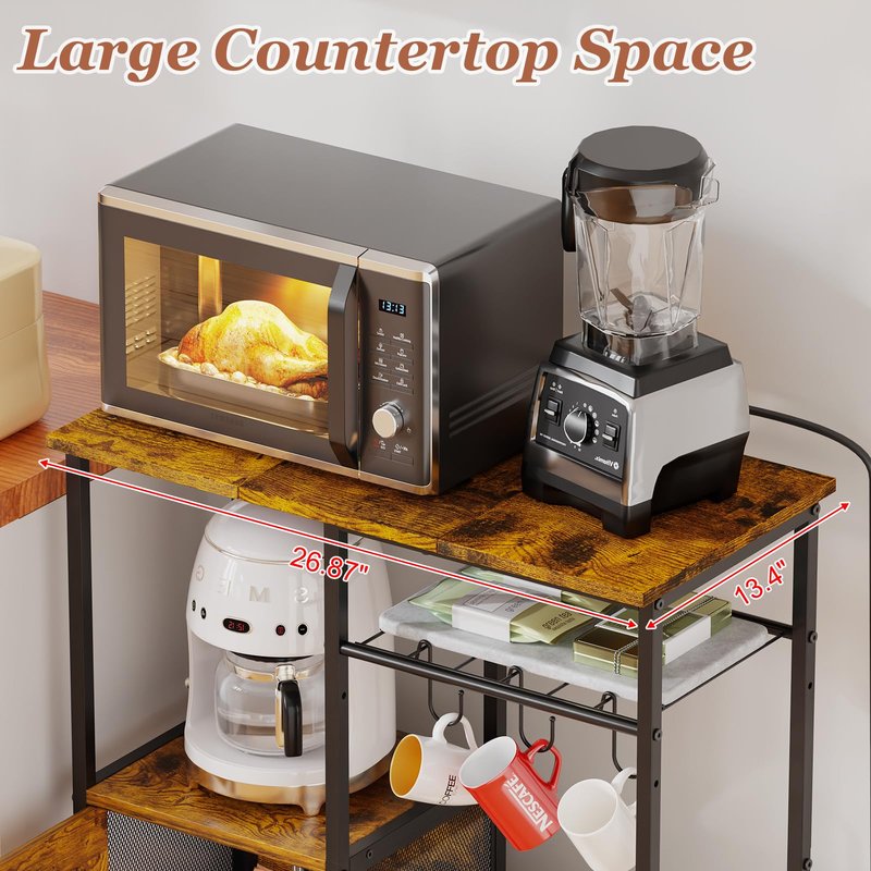 Small Kitchen Island Table with Storage, 4 Tier Microwave Stand, Bakers Rack, Coffee Bar Cabinet Station with Storage Cabinet, Kitchen Rack with Adjustable Shelves & 3 Hooks for Kitchen Dining Room
