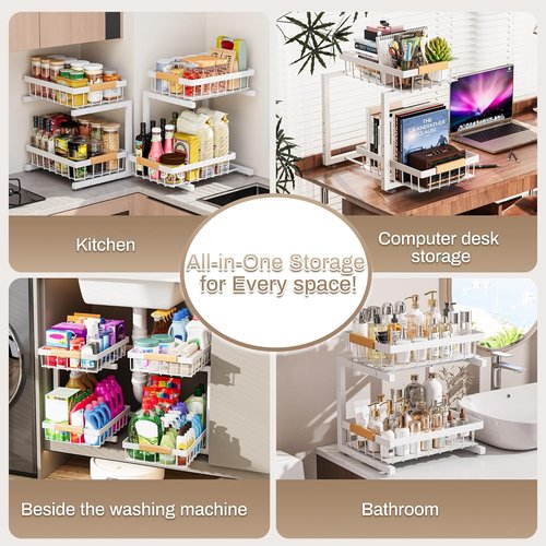 ADBIU Under Sink Organizer - Adjustable Height 2-Tier Pull-Out Drawers | Heavy-Duty Metal Shelf, White (11"-15.75")