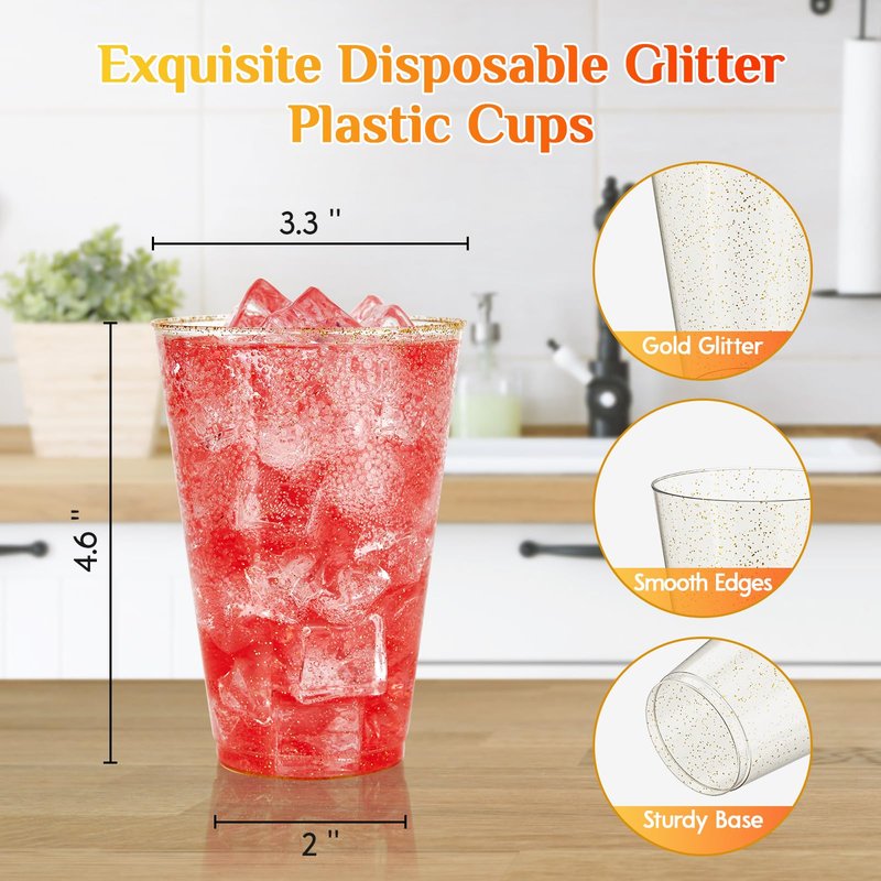 Vplus 100 Count 14 OZ Gold Glitter Heavy Duty Large Plastic Cups, Disposable Plastic Glasses Tumblers, Elegant Wedding Birthday Christmas Party Cups
