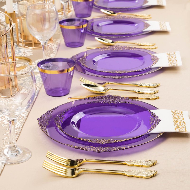 Bestluck 175PCS Clear Purple Plastic Plates for 25 Guests, Disposable Plates with Gold Trim include 25 Dinner Plates, 25 Dessert Plates, 75 Gold Silverware, 25 Cups, 25 Napkins for Party, Wedding