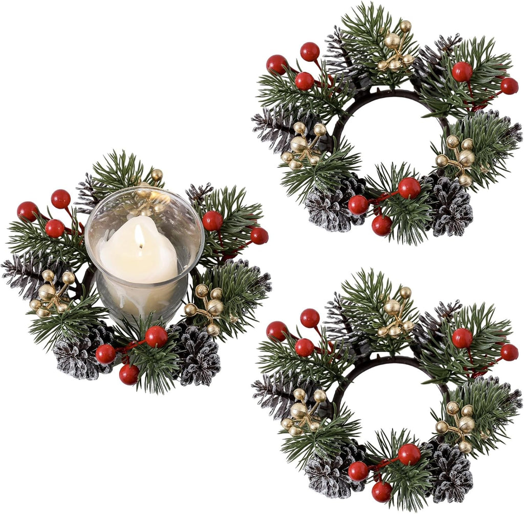 Regine Switzerland Christmas Candle Rings - Elegant Gold & Red Floral Design | Set of 2 for Holiday Decor