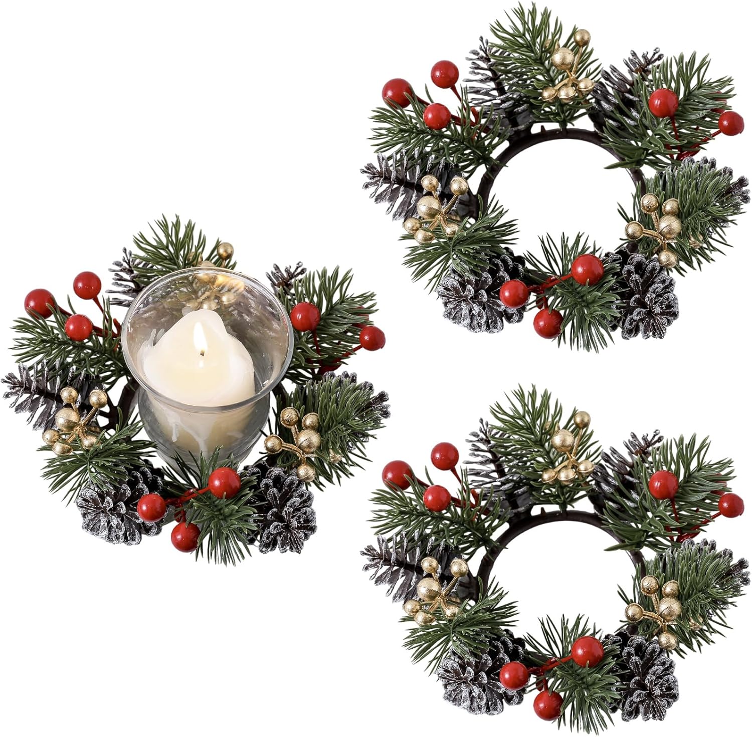 Regine Switzerland Christmas Candle Rings - Elegant Gold & Red Floral Design | Set of 2 for Holiday Decor