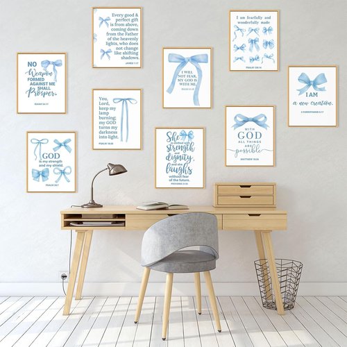 Chiisong 9 Pcs Blue Bow Wall Art Decor - Inspirational Christian Scripture Prints | 14 x 11'' Unframed Set for Living Room & Bedroom