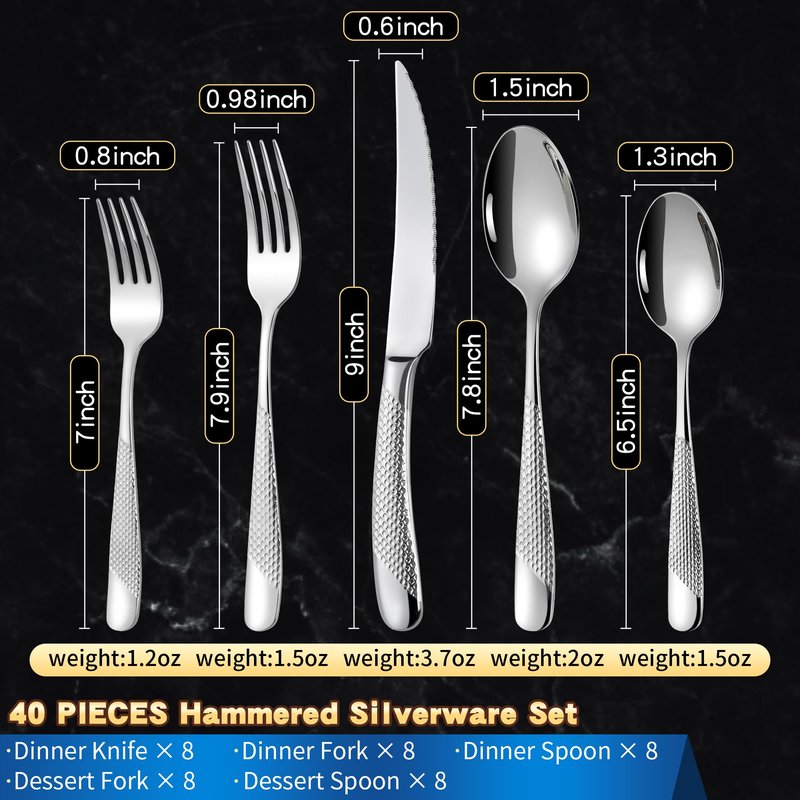 Lemeya 40-Piece Hammered Silverware Set for 8,18/10 Stainless Steel Flatware Set with Serrated Forged Knives,Heavy Duty Cutlery Set for Home & Party Restaurant,Mirror Polished, Dishwasher Safe