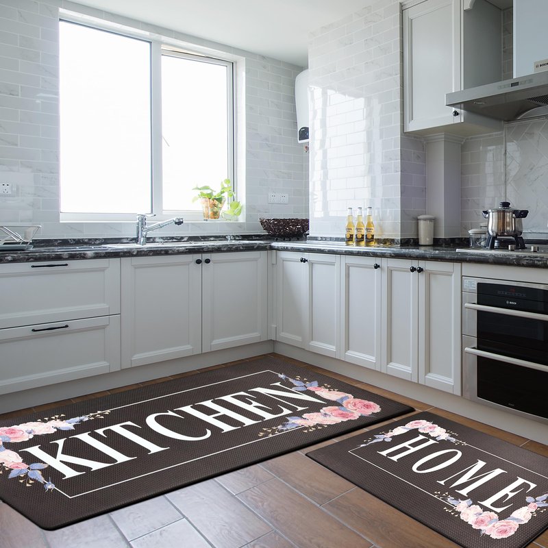 Floral Kitchen Mat Sets 2PCS Non Skid Waterproof Kitchen Rugs and Runner Sets Cushioned Anti-Fatigue Comfort Mat for Home,Office Memory Foam Kitchen Rug, 17.3"x30"+17.3"x47", Black/Pink
