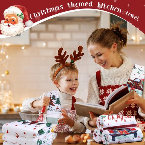 Oudain 6 Pcs Christmas Kitchen Towels Christmas Hand Towels Buffalo Plaid Xmas Tree Snowman Dish Cloths 24 x 16 Inch Santa Truck Decorative Tea Dishcloths for Home Kitchen Bathroom Winter Xmas Gifts