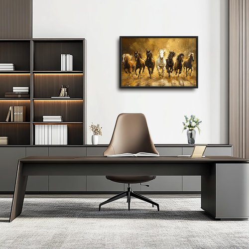 Large Horse Wall Art Lucky 7 Running Horses Painting Wall Decor Golden Canvas Prints Pictures Modern Framed Artwork Home Decoration above Bed for Living Room Dining Room Bedroom Office 36"x24"
