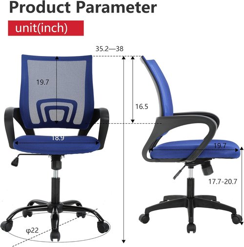 BestOffice Ergonomic Office Chair - Mid-Back Swivel Design with Breathable Backrest & Lumbar Support - Adjustable Height & Dark Blue Color for Comfort