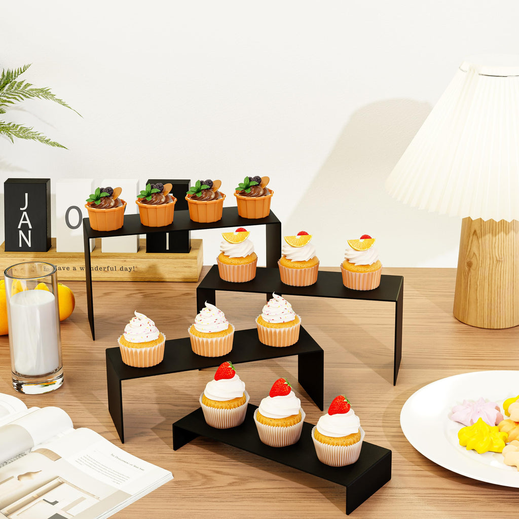 NEETBU Black Matte Metal Display Stand,8 Pcs 2 Set Display Risers, Metal Rectangular Display Shelf for Showcase, Dessert, Toys, Perfume (8Pcs-Black, L7“x8”x9)