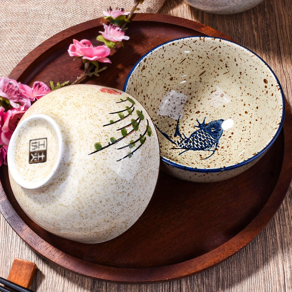 Whitenesser Japanese Retro Rice Bowls Set of 4 Hand-Painted Floral Design Ceramic Soup Sushi Bowls Small Cute Bowls