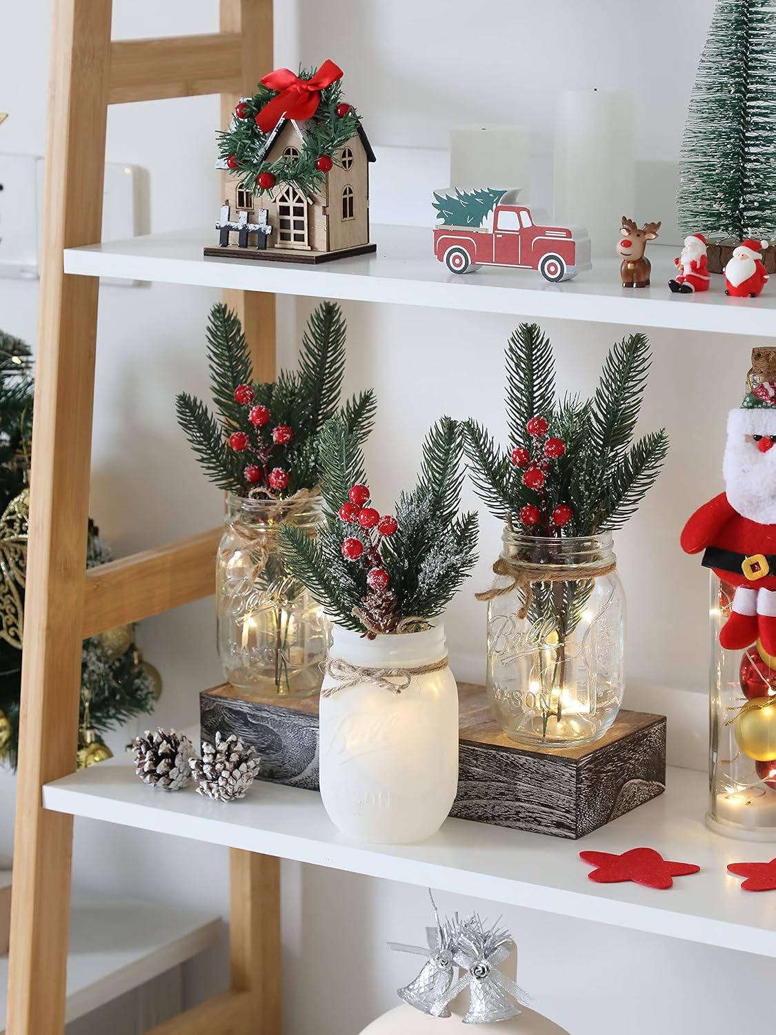 Skiennix Winter Mason Jar Centerpiece - LED Lights & Artificial Plants | Set of 3 for Festive Home Decor