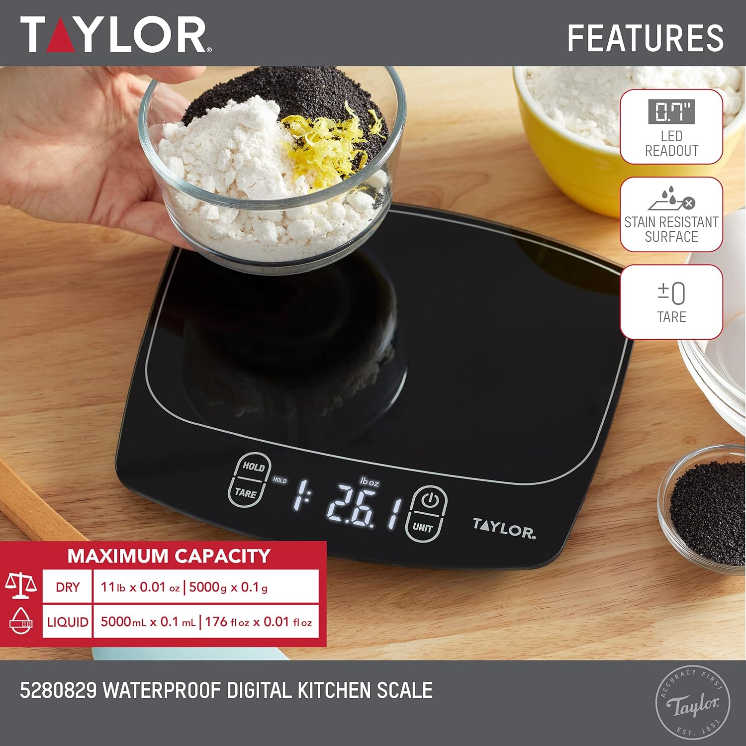 Taylor Waterproof Digital Kitchen Scale - 11 lbs Capacity | Sleek Black Design