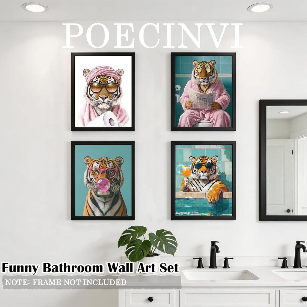 Poecinvi Pink Tiger Bathroom Wall Art Prints - Trendy Animal Decor Set of 4 | 8x10 Unframed