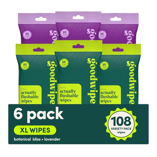 Goodwipes Flushable Wipes - Extra Large Travel Size Adult Wet Wipes - Sewer Safe Hygiene Essentials | Botanical Bliss & Lavender, 108 Count (6 Packs)