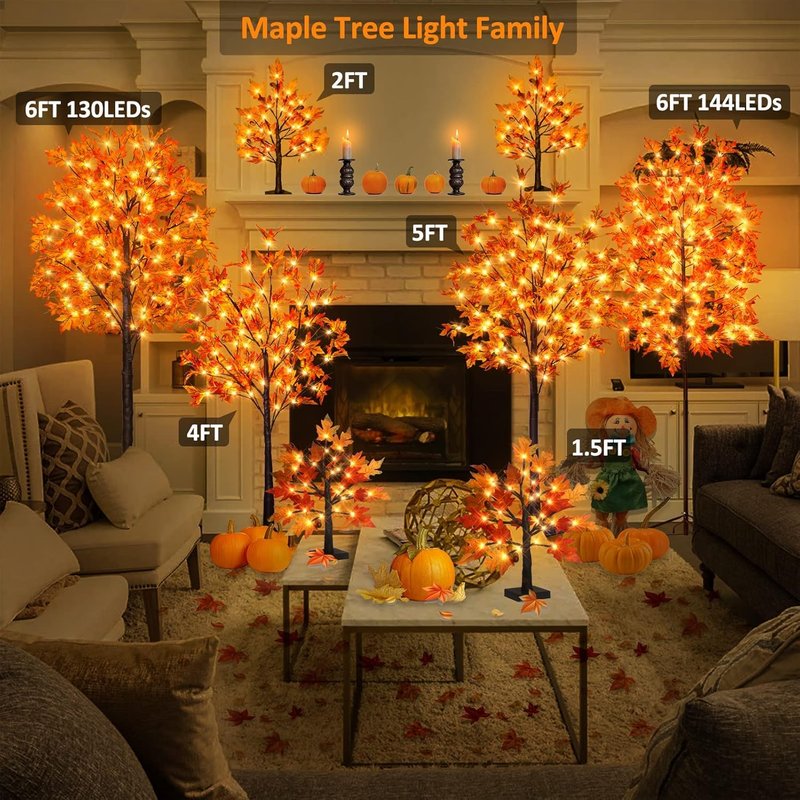 5FT 90LED Fall Maple Tree Light - Thanksgiving Decor Artificial Fall Tree with 9 Acorn, Remote 8 Flashing Modes, Timing, DC 5V Safe for Wedding Outdoor Decor (Upgraded Silk-Screened Leaves)